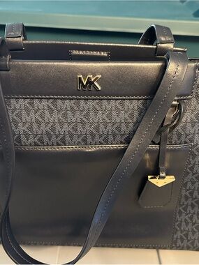 Michael Kors Navy and Gray Logo Tote with Gold Hardware